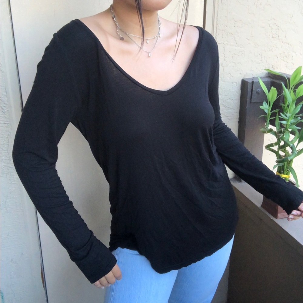 COTTON:On Black Open Neck Long Sleeve Top - Picture 4 of 5